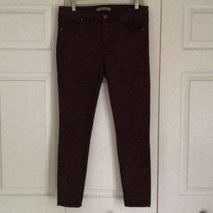Burgundy mid rise, slim ankle skinny jeans
